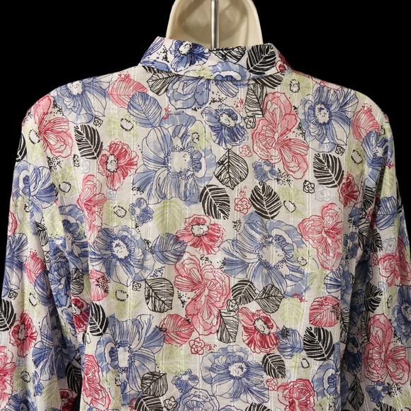 JM Collection Womens Button Front Shirt 8 Semi-Sheer Floral Pink Blue Green EUC - Picture 6 of 10
